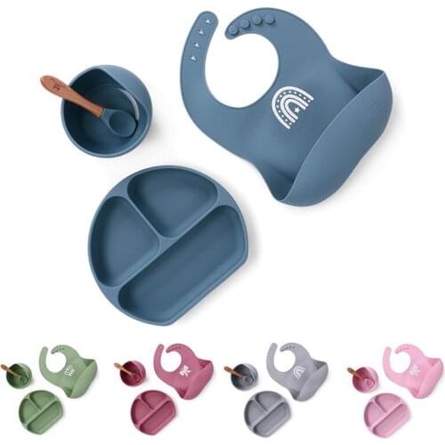 4Pcs Set Baby Dining Dishes Silicone Bowl+Plate+Spoon+Bibs Strong Sucker Feeding Set Tableware Kids Tableware Food Supplement