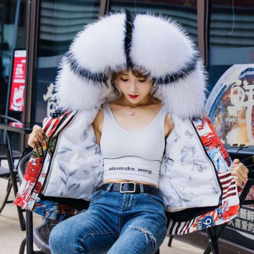 Winter Print Short Parka Fox Fur Hooded Down Jacket Womens 2021 Fashion Warm Thick White Duck Down Coat Loose Ladies Outerwear