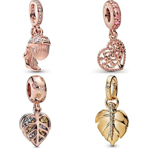 QANDOCCI Rose Sparkling Leaves Acorn Leaf Tree of Love Shine Shining Leaf Pendant Beads Fit Pandora Bracelet 925 Sterling Silver