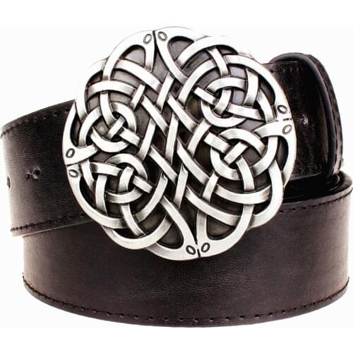 Fashion leather belt Celtic knot series metal buckle geometric weave pattern men simple casual belts trend women jeans belt
