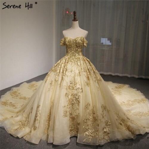 Dubai High-end Short Sleeves Luxury Wedding Dress Vintage Sexy Off Shoulder Gold Beading Sequined Wedding Bride Gown 2021