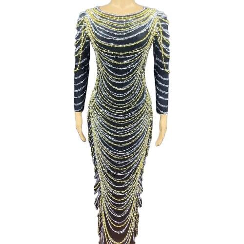 Silver Gold Chain Rhinestones Decoration Long Sleeve Split Fork Dress Nightclub Dance Show Wear Birthday Party Shiny Costume