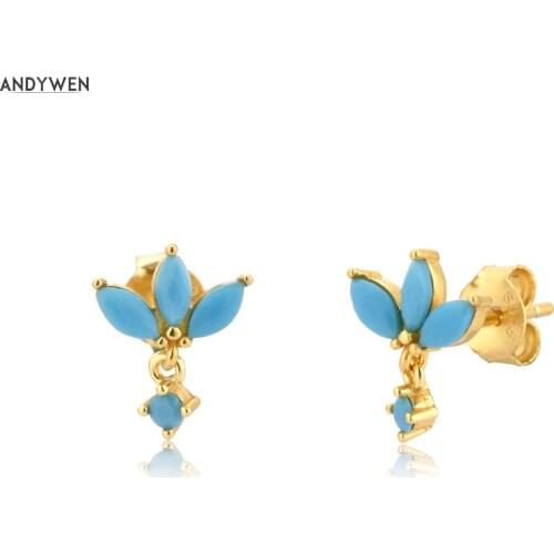 ANDYWEN 100% 925 Sterling Silver Three Zircon Turquoises Stud Earring 2020 Fashion Jewelry Piercing Ohrringe Pendientes Crystal