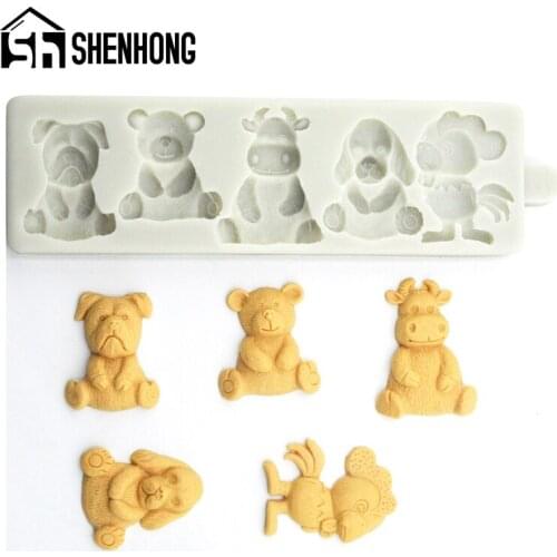 SHENHONG Dog Bear Cow Chicken Pattern Silicone Fondant Cake Mold Animals Shape Biscuits Chocolate Candy Sugar Craft Mould