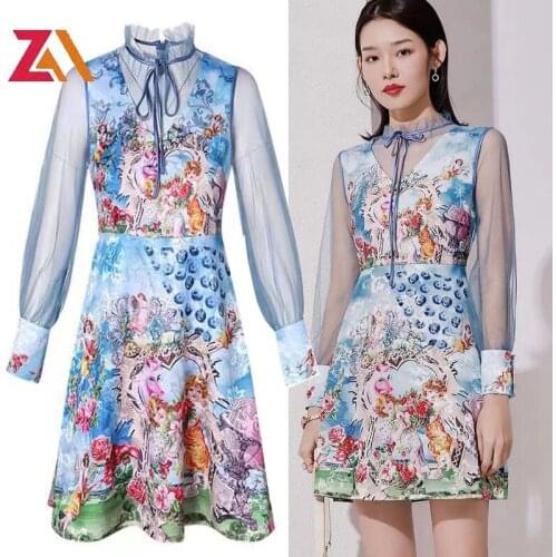 ZALady Designer Runway Vintage Mini Dresses For Women Elegant Bow Patchwork Mesh Long Sleeve Blue Goblincore Dress Femme Robe