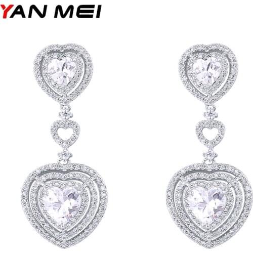 YAN MEI Three Heart Love Dangle Earring for Women Earring Crystal Cubic Zirconia Long Drop Wedding Jewelry GLE6263Y