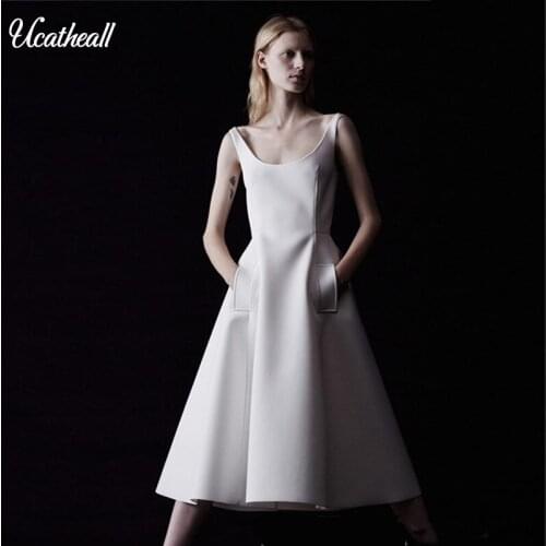 Women Casual Long Dresses Skater Dress Female Solid Round Neck Sleeveless White Sexy Midi Dress Office Pleated Dress