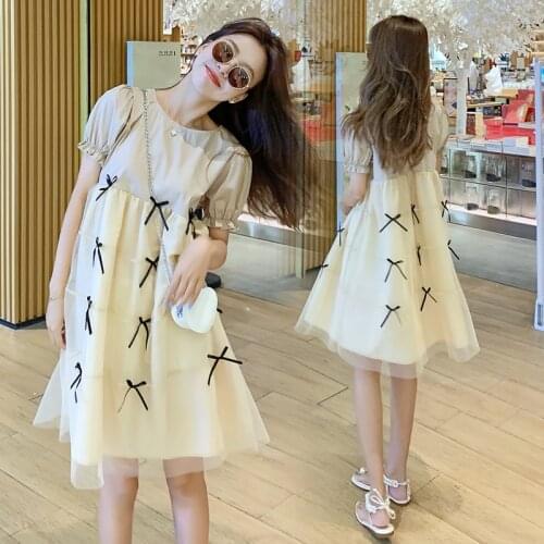 2021 Large Size Summer Mesh Bow Stitching Women Dress Casual Puff Sleeve Plus Size 4xl Loose Ladies Dresses Patchwork Cothes