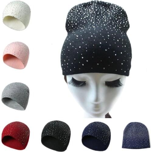 Spring Atumn Winter Hats for Women Knitted Beanie Cap Girls Wool Brand Hat with Shining Rhinestone Female Casual Hats