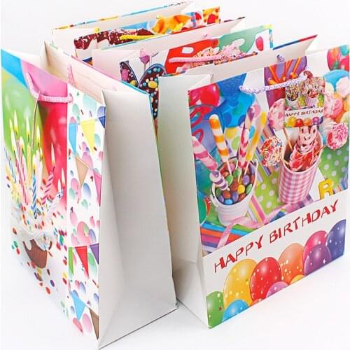 12pcs Party birthday happy pattern with handle bag gift candy packaging paper bags