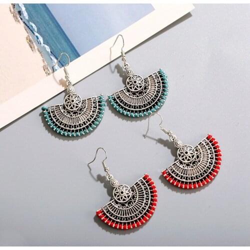 2020 Ethnic Vintage Hollow Flower Carved Drop Indian Earrings For Women Simple Geometric Semicircular Fan Shape Dangle Earring