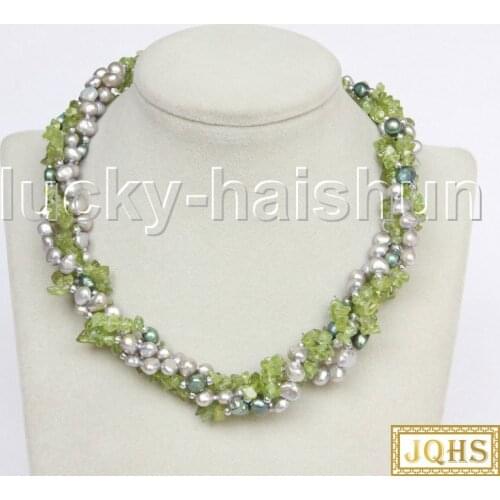 JQHS Long 74" 8mm Baroque gray green pearls olivine Beaded Strand necklace j11555