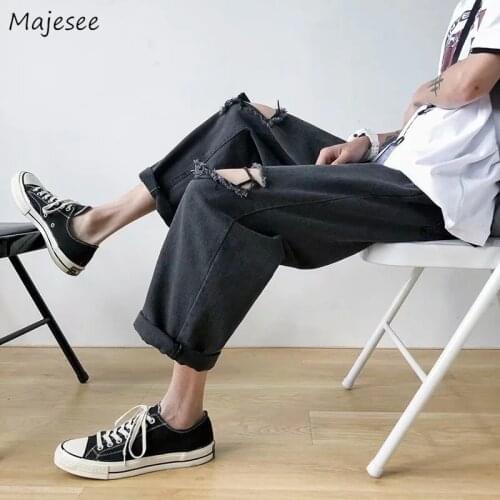 Jeans Men Plus Size 3XL Hole Design Summer Loose Ankle-length Straight Fashion Korean Black Denim Hip Hop Distressed Streetwear