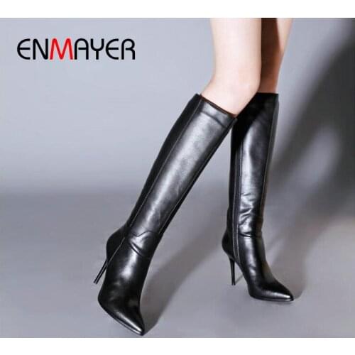 ENMAYER Pointed Toe Knee-High Thin High Heel Boots Sexy PU Sewing 2020 Winter Shoes Women Round Toe Fashion Women Shoes 34-43