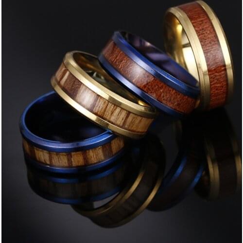 FDLK Stainless Steel Finger Rings Durable Vintage Titanium Stainless Steel 8mm Ring Wood Grain Ring Jewelry for Men