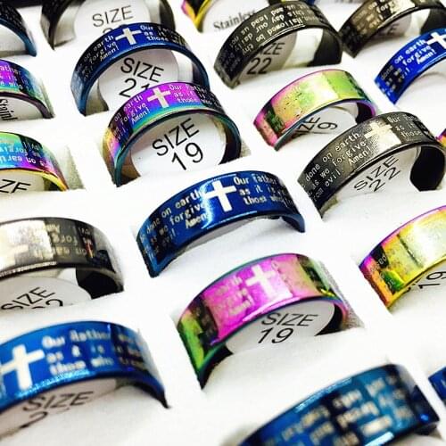 Wholesale bulk 100pcs ring men and women mix colors Bible Jesus Christianity English Lords Prayer cross stainless steel jewelry