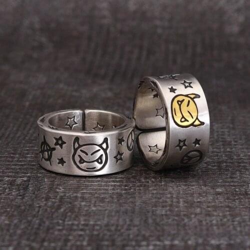 Japanese and Korean original design devil expression spoof Gufa silver open ring custom Bohemian hip hop accessories
