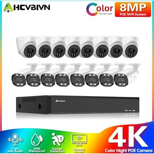 4K 16CH 8MP POE NVR Kit Outdoor 8CH 4K CCTV Security Camera System 8MP Two Way Audio POE IP Bullet Camera Video Surveillance Set