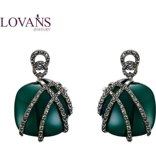 LOVANS Green Stone Big Dangle Women Earrings Silver Zircon Earrings Jewelry Decorate For Festival Birthday