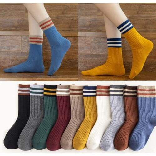 New Women Socks Japanese Loose Solid Cotton Socks Knitting Striped Cotton Socks Women Cute Vintage Streetwear Sock Blue Black
