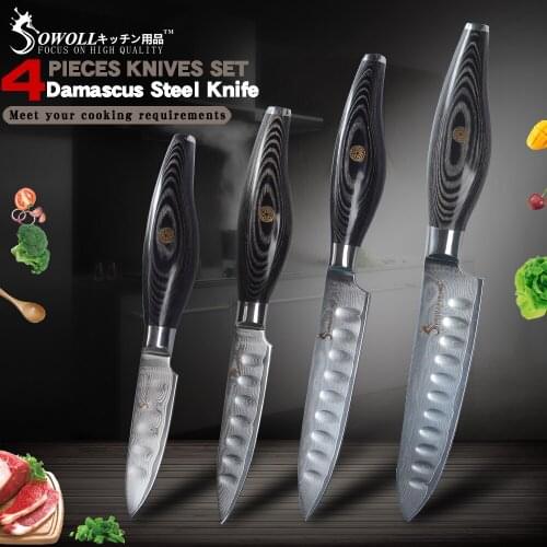 Sowoll Damascus Knives 3"4"5"6 Inch VG10 Damascus Steel Paring Fruit Utility Vegetable Knives Damascus Steel Cleaver Knives Tool