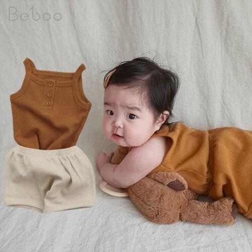 Babies Clothes Summer New Korean Style Vest Shorts Sets Unisex Fashion Solid Color Pure Cotton Thin Home Outfit For 1-4y Kids