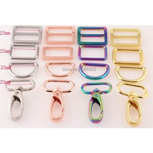 5 sets /lot Rose gold /gold/rainbow /nickel color Swivel Snap Hooks D ring Square Ring Slider Tri Glide Buckles for 25mm webbing