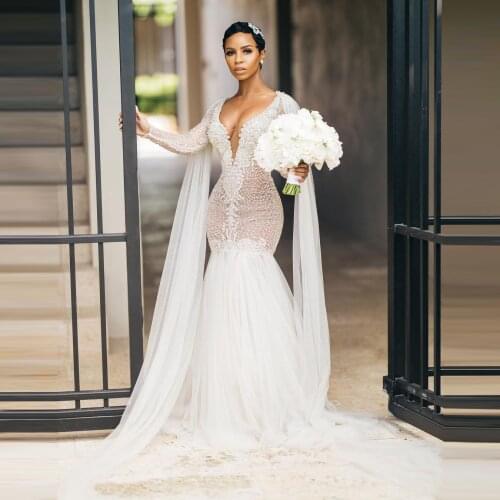 Luxury Mermaid Wedding Dresses Big V Neck Long Sleeves Tulle Long Cloak Train Sexy Beaded Crystal Bridal Aso Ebi Wedding Gowns