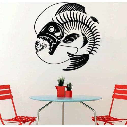 Fishing Skeleton Wall Decal Abstract Seafood Restaurant Fish Rod Viny Wall Stickers Waterproof Shop Window Door Decoration Z645