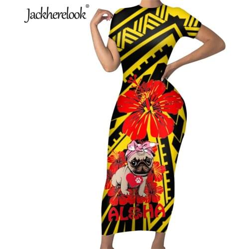 Jackherelook Aloha Hibiscus Pug Polynesian Tribal Printed Sexy Slim Pencil Dress Women Short Sleeve Evening Club Bodycon Dresses