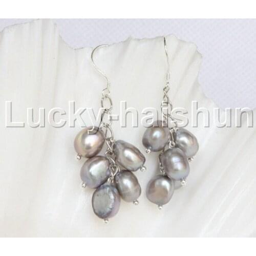 JQHS 1.5" Gray grape baroque Freeform potato freshwater pearls dangle earrings 18KGP hook j12270