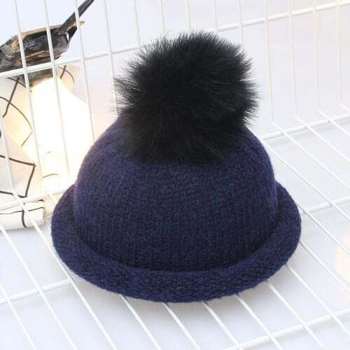 Female Thick Warm Hat Womens Hats Pompom Knitted Winter Hats For Women Knit Cap Crimping Raccoon Faux Fur Ball Beanie