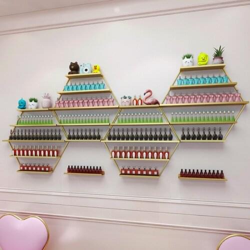 Nordic Manicure shop gold wall shelves iron metal nail polish racks wall organizer Beauty shop wall storage rack decoration