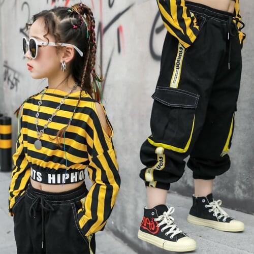 Tracksuit for Girls Childrens Jazz Dance Costume Girl Hip-hop Long-sleeve Striped Loose Catwalk Show Suit 12 13 14 Year Outfits