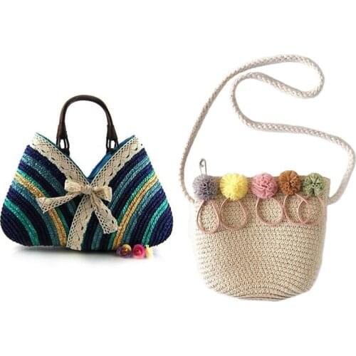 1 Pcs Girls Shoulder Bag Straw Rattan Bag Beige & 1 Pcs Bow Rainbow Stripes Lace Bow Bag New Straw Bag Blue