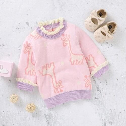 Baby Sweater 100%Cotton Knitted Newborn Girl Knitwear Cute Cartoon Giraffe Toddler Children Top Clothing Long Sleeve Ruffle Fall