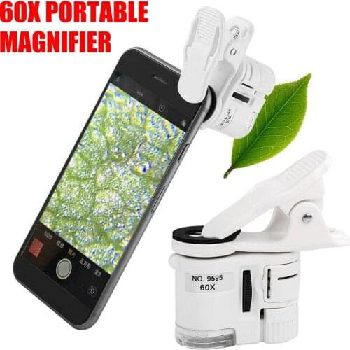 Universal Clip Microscope 60X LED Jewelry Magnifying Glass Focusing Adjusted Pocket Microscope with Cell Phone Clip UV Light