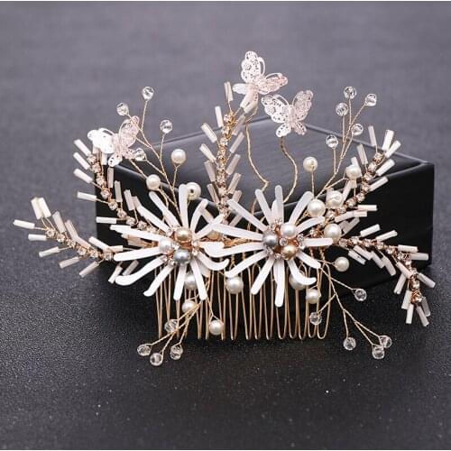 Vintage Flower Crystal Pearl Wedding Hair Combs Hair Accessories Gold Handmade Headpiece Bridal Headband Women Hair Jewelry
