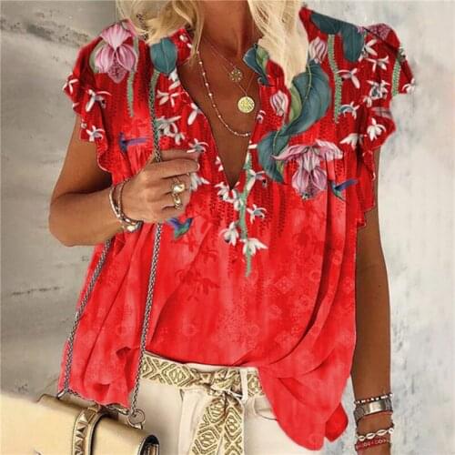 Womens Summer Sexy Short Sleeve Casual T-Shirts Flower Printed Vintage Top Female V-Neck Loose Plus Size Streetwear Top