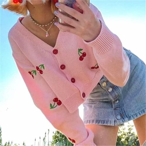 Women autumn sweet pink green white cherry embroidery v-neck single breasted button up short cardigan sweater for female