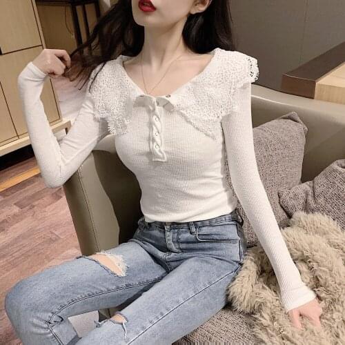 T-shirt womens spring 2021 new lace stitching lapel long-sleeved slim top knitted solid color bottoming shirts