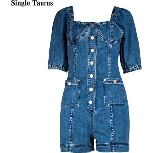 2021 Spring Summer Female Jeans One Piece Jumpsuits Fashion Short Sleeve Single Row Buttons Demin Blue Romper Women Clothing