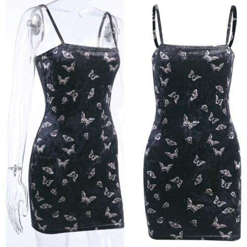 Women Gothic Sleeveless Butterflies Print Velvet Bodycon Mini Pencil Dress High Waist Spaghetti Strap Sexy Clubwear N2UE