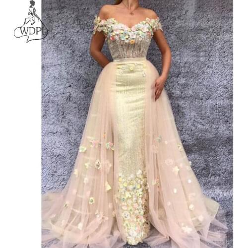 Fashion 3D Flowers Overskirts Prom Dresses Mermaid Off Shoulder Beaded Yellow 2020 Evening Dress Abendkleider Formal Gowns