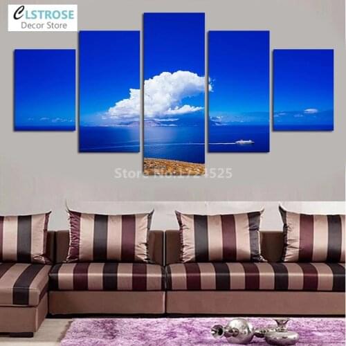 5Pcs Wall Art Canvas Painting Blue Lake Surface White Cloud Scenery Hd Pictures Art Posters and Prints Home Decoration Bedroom