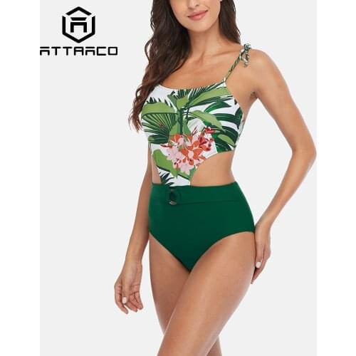 Attraco One Piece Bathing Suits for Women High Waisted Floral Printed Lace-up Monokini Swimsuits Shoulder Straps Swimwear