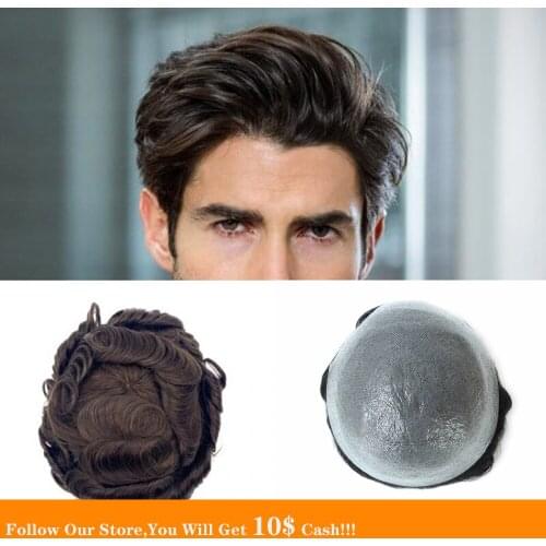 BYMC Dark Brown Colored Thin Skin Mens Toupee Real Indian Human Hair Pieces Natural Hairline Virgin Hair System Perruque Homme