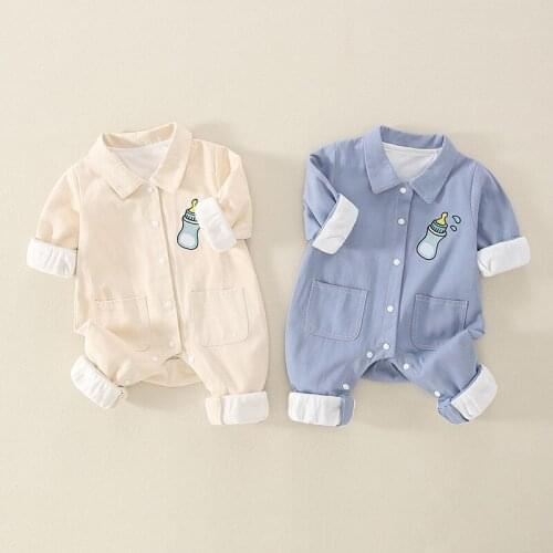 Baby jumpsuit spring and autumn models for male baby solid color tooling double romper cute super cute cotton outing romper