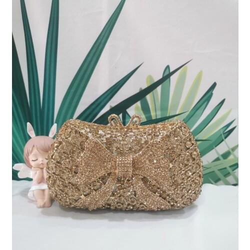 Gold Color Bow Elegant Female Crystal Clutch Bags Diamond Party Prom Cocktail Formal Handbag Wedding Bridal Woman Evening Purse