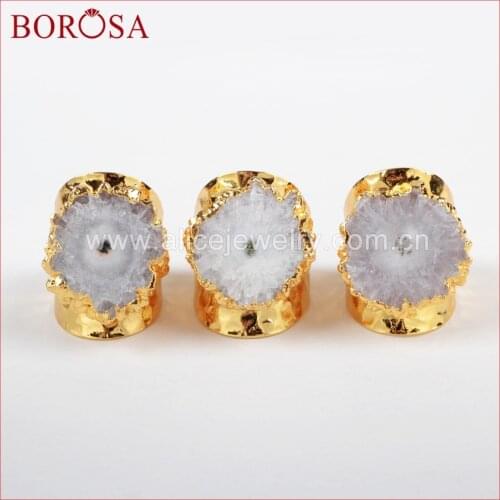 BOROSA Fashion Cave Rings Unique Natural White Solar Quartz Rings Gorgeous Gold Wide Gems Ring Band Rings for Women G0439